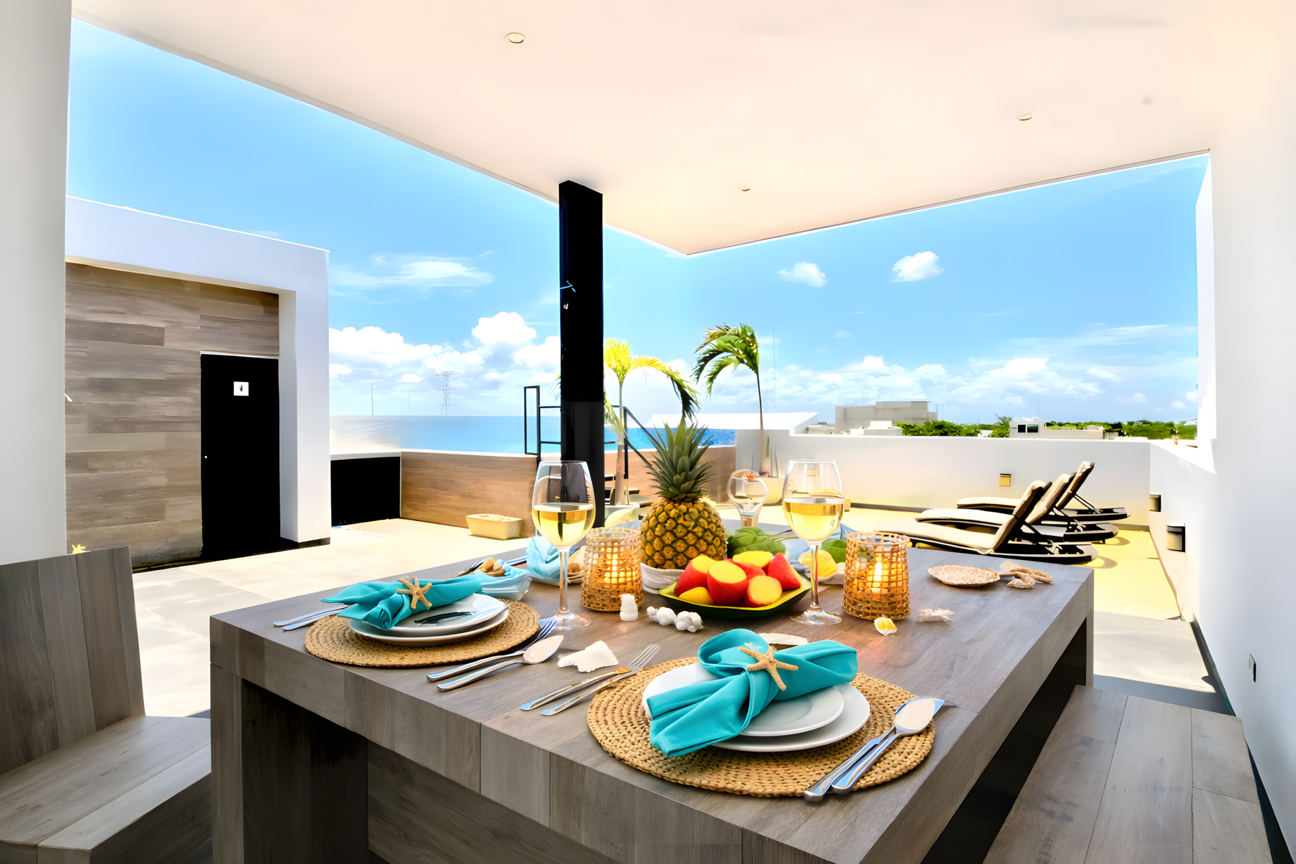 Terrasse aménagée pour un repas en plein air à la Suite Vedra, Playa del Carmen